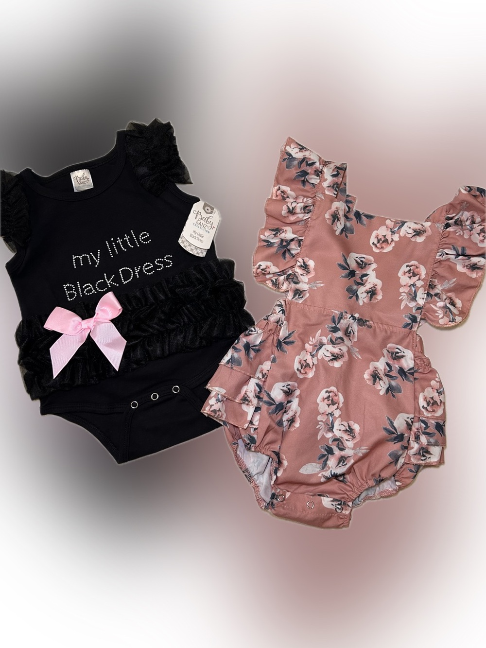 GANZ Black Ruffle Bodysuit & Pink Floral Ruffle One-Piece Set 12-24 Months